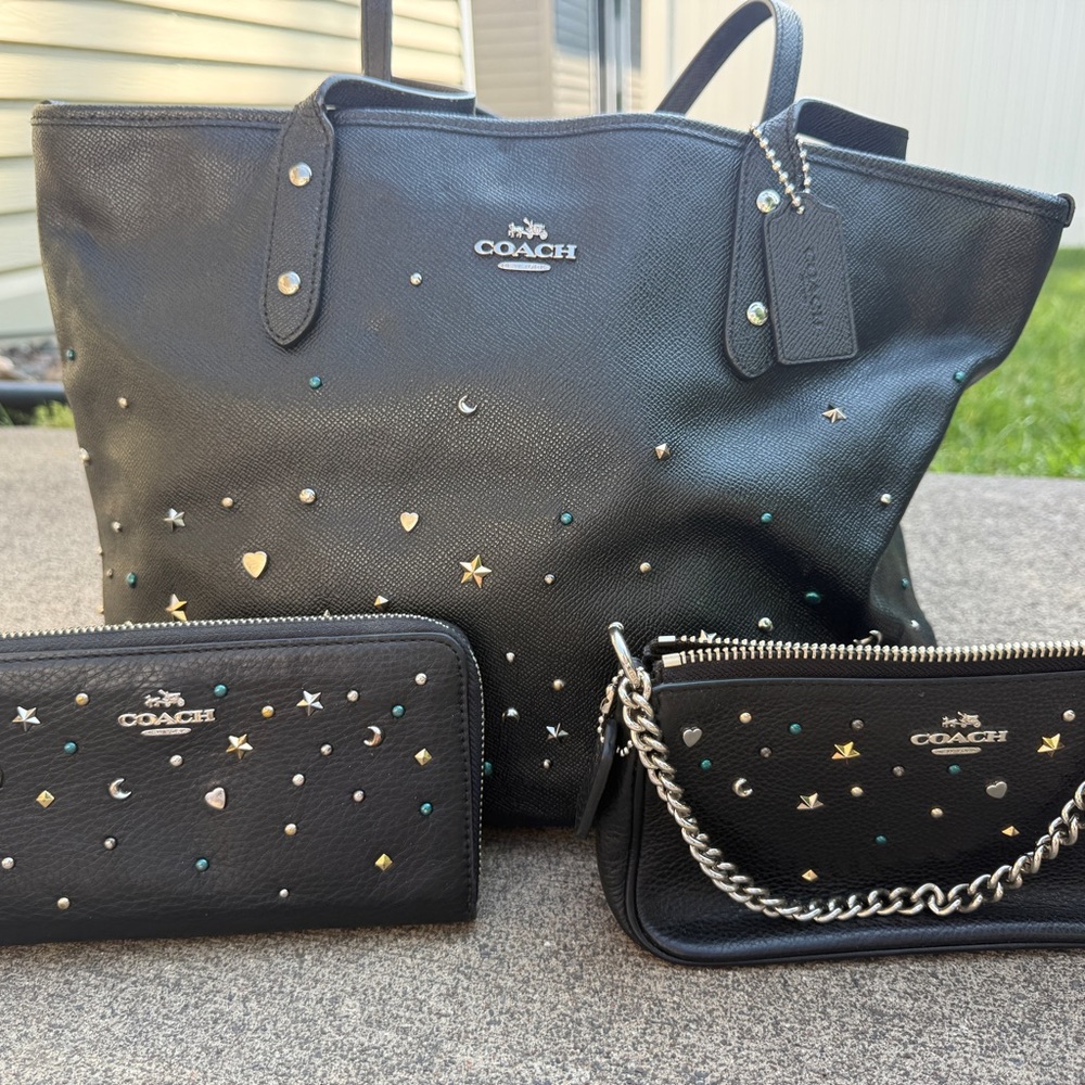 Coach Black Leather Tote with Studded Details